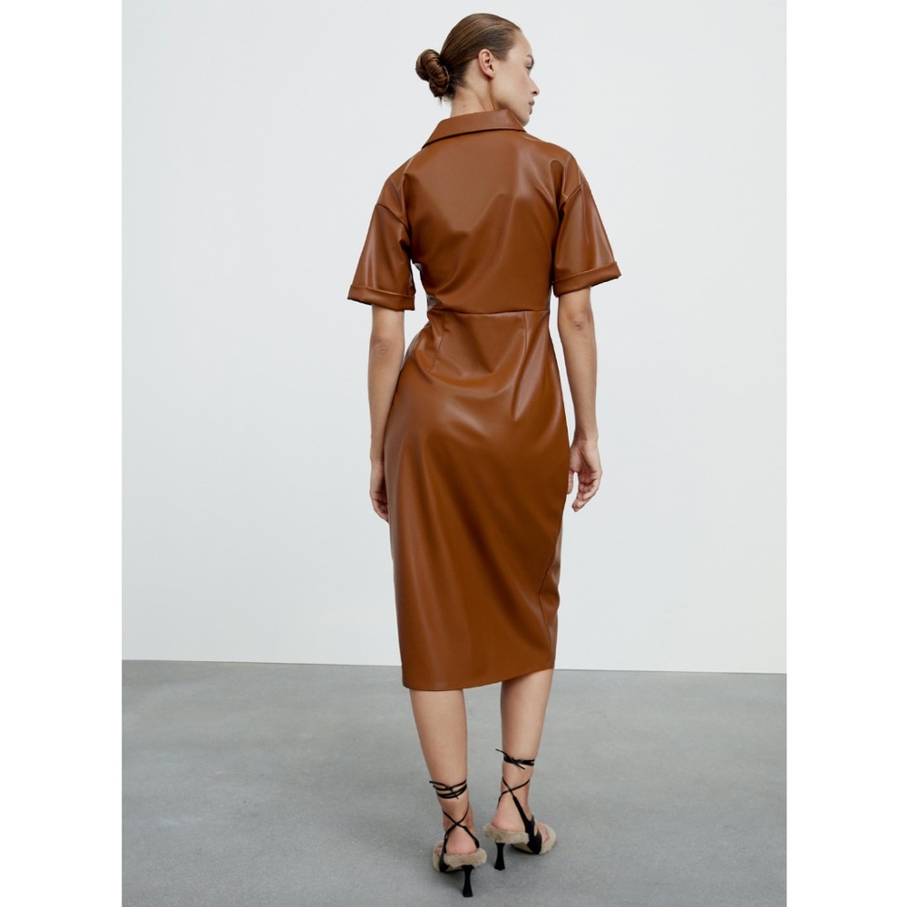Zara Brown Faux Leather Faux Wrap Shirt Dress - Picture 13 of 16